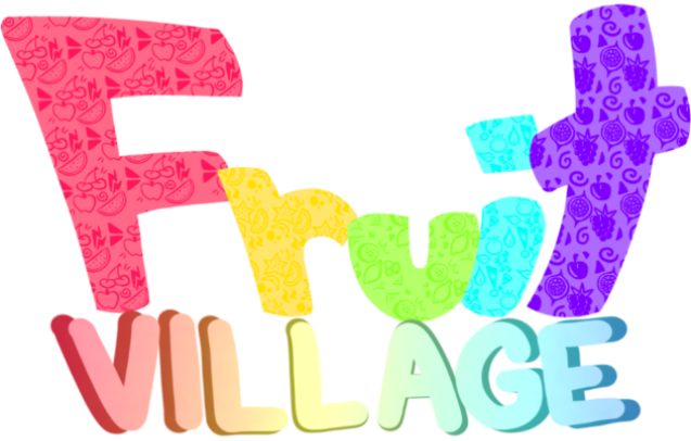 An image with colored letters reading Fruit Village